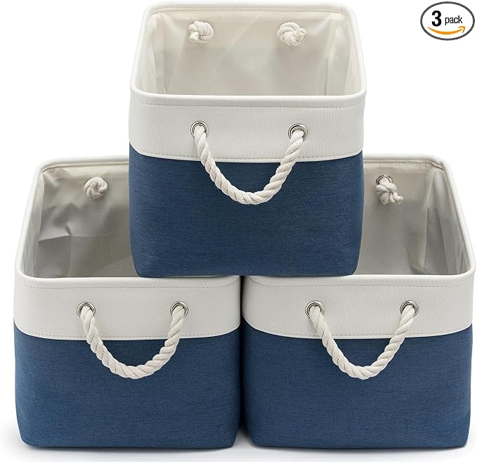 15x11x10 In Foldable Fabric Large Storage Bins with Handle 3 Pack | Organizer Baskets, Sturdy Metal Strand, Cardboard Support Molding, Storage Baskets for Shelves, Closet, Bedroom, White/Blue