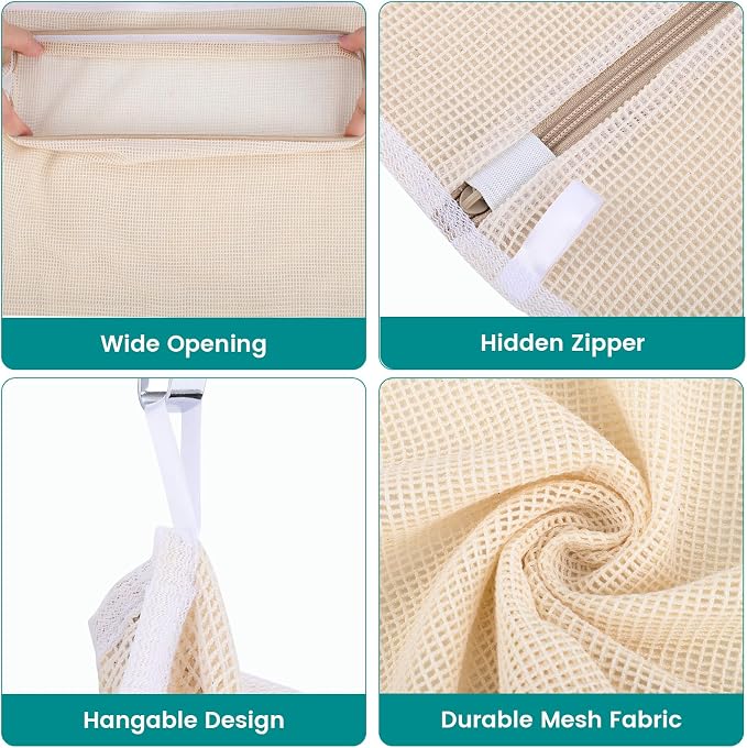 6 Pack Durable Cotton Mesh Laundry Bags for Delicates, Natural Cotton Laundry Bags Mesh Wash Bags with Sturdy Zipper for Underwear Bras Socks Clothes Storage Washing Machine Safe (M+L+XL)