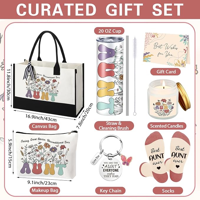 Patelai 7 Pcs Auntie Gifts for Women,Aunt Birthday Wedding Gift Best Aunt | Ideas Presents Set with 20oz Tumbler Tote Bag Scented Candle Keychain Makeup Pouch Appreciation Gifts from Niece Nephew