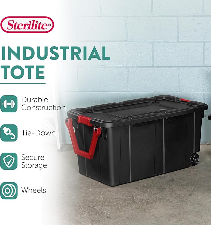 Sterilite Industrial Storage Tote w/Wheels for Garage, 40 Gallon, 8-Pack | Heavy-Duty and Stackable Utility Box Containers for Home, Office, and Basement Organization, Black