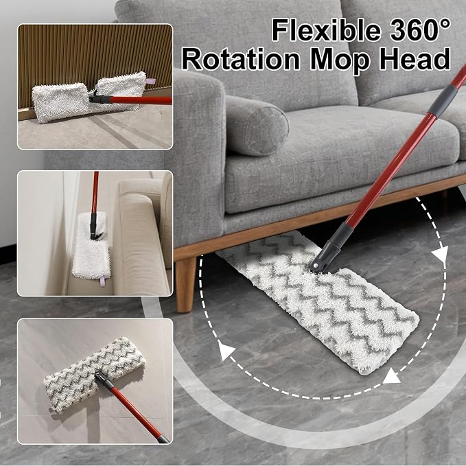 Mops for Floor Cleaning with 58" Long Handle and 4 Microfiber Mop Pads | Dust Mop for Hardwood Floors, 2 Heavy Scrub Mop Pads, 2 Microfiber Pads, 4 Section Adjustable Handle, Double-sided Flat Mop