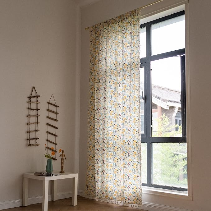 Sutuo Home Boho Curtain Semi-Blackout Colorful Florals Print Cotton Linen Fabric, Handmade Tassels Rod Pocket Bohemian Farmhouse Country Window Drapes for Living Bedroom, 59" W x 84" L, 1 Panel
