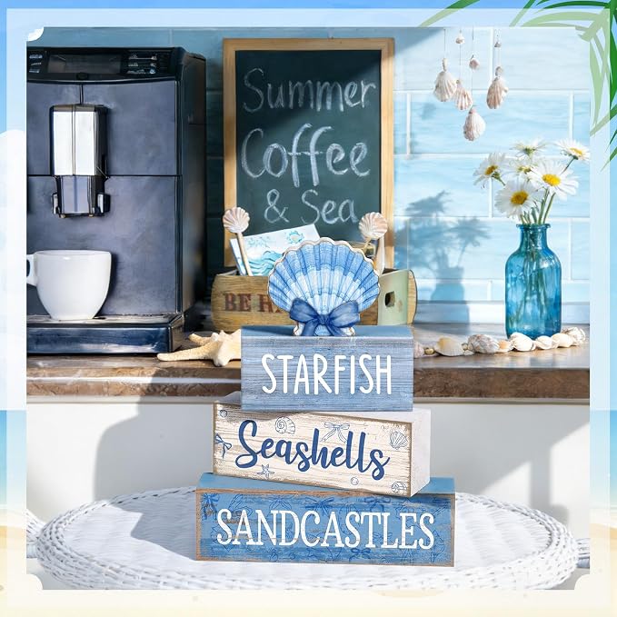 Moucuny 4 Pcs Beach Wooden Signs Table Decor with Shell, Tiered Tray | Coastal Nautical Theme Rustic Style, Summer Home Kitchen Centerpiece, Decorative Blocks for Tiered Trays