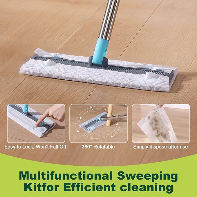 JOYMOOP Hands Free Multi Purpose Flat Mop, Dust Mop for Pet Hair and Floor, 36 Dry + 6 Wet Refills, Turquoise-Cyan & Muted Grey