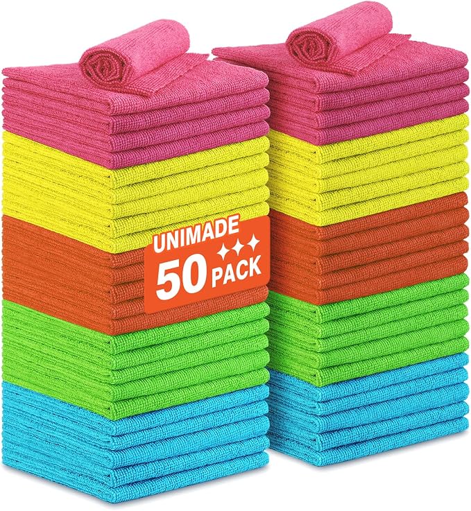 Microfiber Cleaning Cloth, 50PK Reusable Microfiber Cleaning Cloth | Shop Rags Bulk Lint Free Cleaning Towels for Car Kitchen Automotive Bar Mechanic Restaurant Garage, 11.5"x11.5", Multicolor