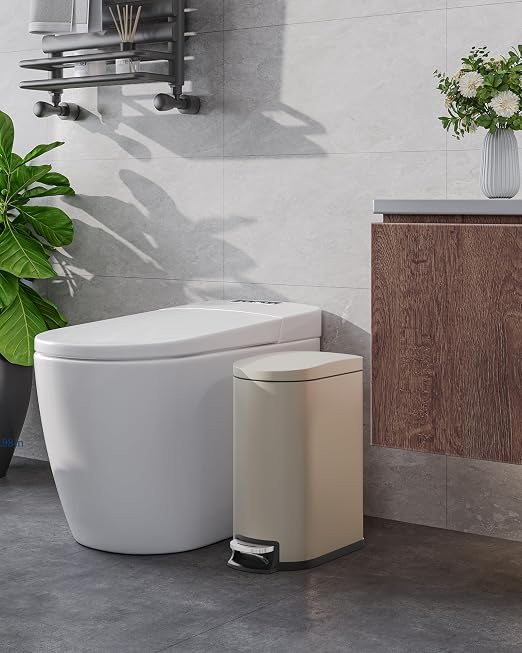 2.6 Gallon/10 Liter Slim Trash Can, Stainless Steel Garbage Bin with Removable Inner Bucket, Step Trash Can Rectangle Waste Bin for Narrow Space, Kitchen, Bathroom, Office, Beige