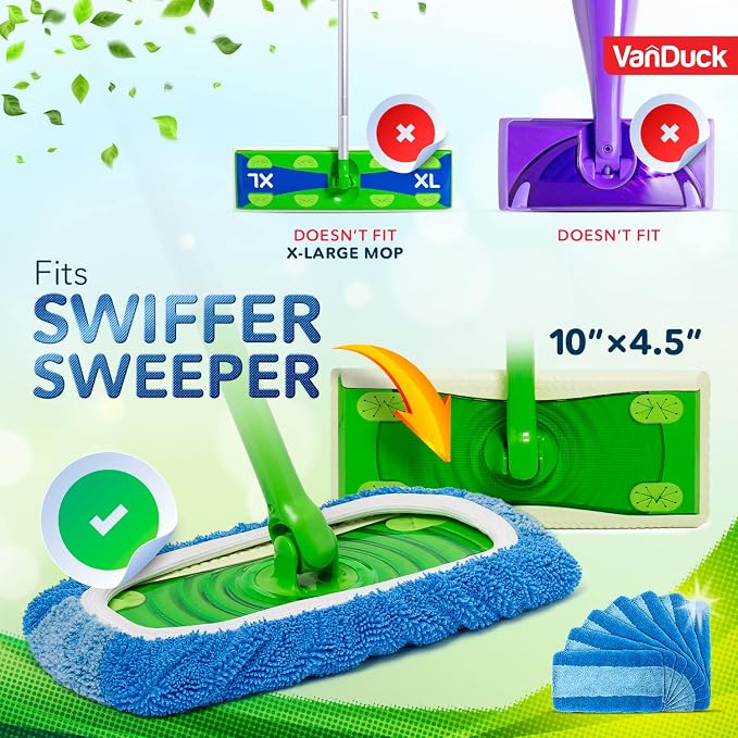 VanDuck Reusable Microfiber Mop Pads for Swiffer Sweeper (4-Pack), Blue | Handle not included, machine washable wet & dry mopping cloths, mop head replacement floor cleaning