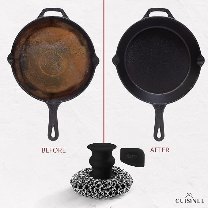 Cuisinel Cast Iron Chainmail Scrubber + Pan Scraper - Deluxe Ergonomic Stainless and Silicone Cleaner for Pots and Skillets - Food-Safe Design - Easy to Clean Dishwasher Safe Cookware Sponge Accessory
