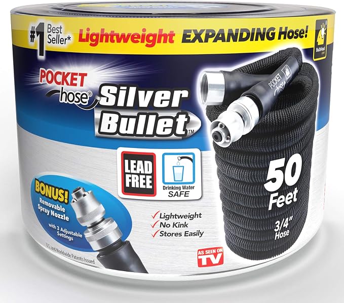 Pocket Hose Silver Bullet 50 ft Turbo Shot Nozzle Multiple Spray Patterns Expandable Garden Hose 3/4 in Solid Aluminum Fittings Lead-Free Lightweight and No-Kink,Black