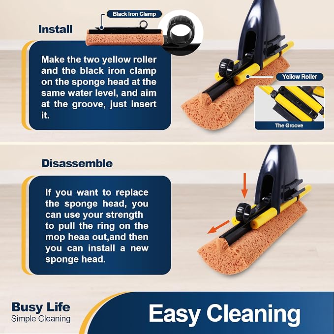 Yocada Sponge Mop Home Commercial Use Tile Floor Bathroom Garage Cleaning Total 2 Sponge Heads NOT 3 Telescopic Handle Squeegee from 42.5 to 52 Inches Easily Dry Wringing only 2 Heads (Pack of 2)