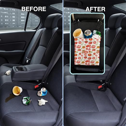 Red Tomato Fruit Car Trash Bag Hanging for Back Seat | Rustic Botanical Canvas Drawstring Car Garbage Bag with Adjustable Buckle Vehicle Trash Can