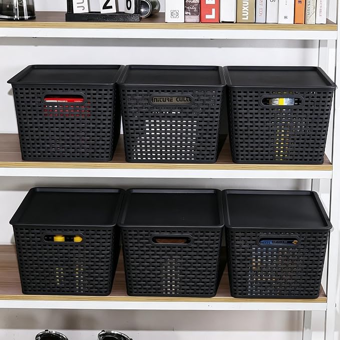 6 Pack Large Plastic Storage Baskets Bins with Lid, Black | Stackable Storage Basket Organizer Bins with Lids for Organizing Shelves Pantry Closet, 14"x 11.65"x 8.66"