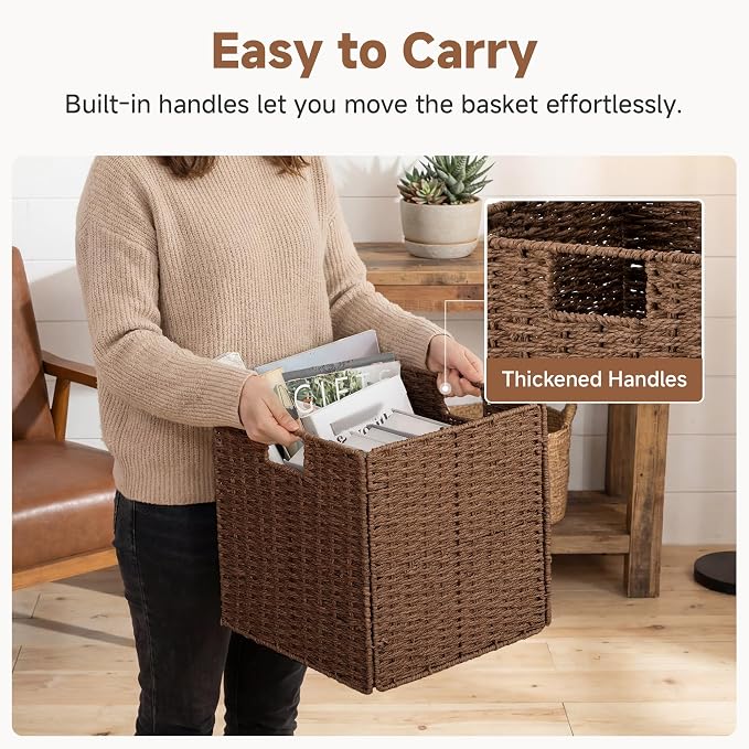 StorageWorks 13 inch Cube Storage Bins, Wicker Baskets for Storage, Brown | 2-Pack, Foldable Square Baskets, Wicker Storage Baskets for Organizing, Paper Rope Square Storage Cubes, Cube Storage Bins
