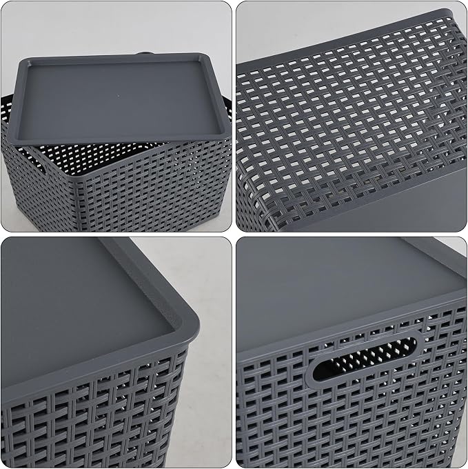 6 Pack Large Plastic Storage Baskets Bins with Lid, Gray | Stackable Storage Basket Organizer Bins with Lids for Organizing Shelves Pantry Closet, 14"x 11.65"x 8.66",