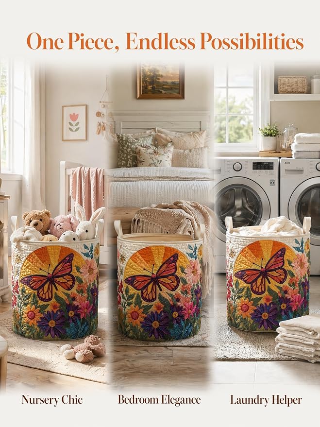 Quilted Laundry Basket with Handles, Boho Floral Quilted Storage Hamper, Large Capacity Laundry Hamper for Nursery Bedroom Laundry Room Home Decor (Pattern 05, Small (18"H x 14"W x 14"L))
