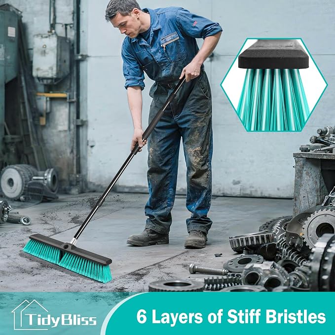 TidyBliss 3 Pack 18” Push Broom Outdoor Heavy Duty, Large Commercial Stiff Bristle Brush with 63 inches Long Handle for Garage Shop Garden Yard Patio Deck Street Warehouse Lawn Driveway (Green)