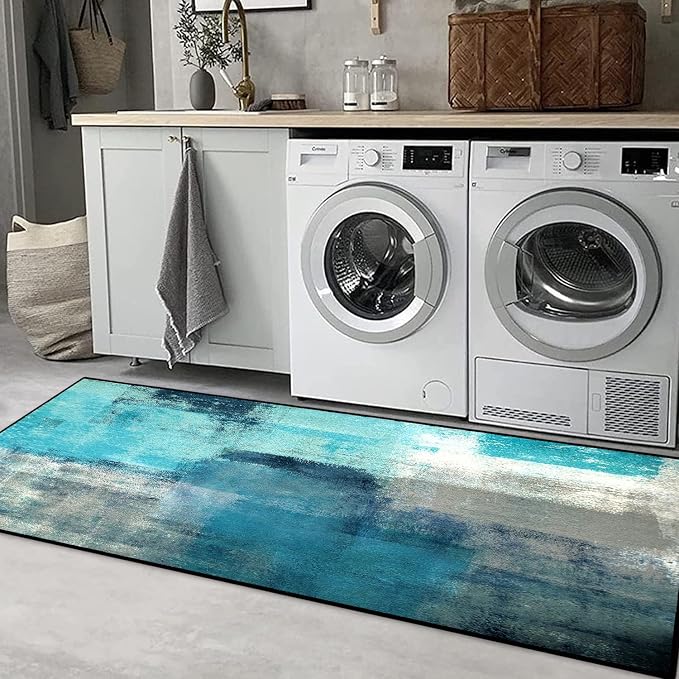 TOMWISH Teal Grey Abstract Art Kitchen Mat Turquoise Kitchen Rugs Sets 3PCS | 20"X32"+20"X48"+20"X59"Kitchen Mats for Floor Washable Non-Slip Kitchen Floor Mats Decor Dining Room Office