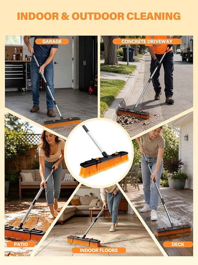 18.5" Push Broom Outdoor Heavy Duty Stiff Bristle Shop Broom with 57" Stainless Steel Long Handle Foldable Head for Corner Floor Cleaning Garage Patio Deck Concrete Indoor and Outdoor Broom