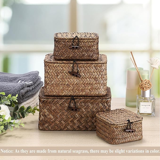 Hipiwe Small Wicker Basket with Lid Woven Seagrass Organizer, 6.1"x 4"x3.3" | Tabletop Desk Basket Holder Key Box for Entryway, Handmade Baskets Storage Bin for Hair Ties Candy