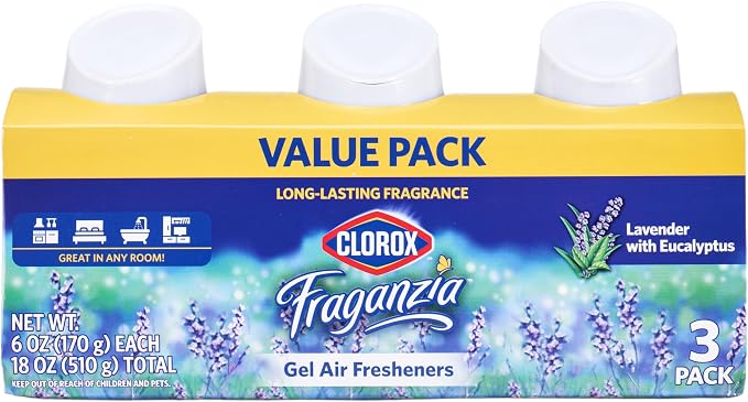 Clorox Fraganzia Gel Air Freshener Cone, Lavender Scent 6oz 3pk | Great in bedrooms, bathrooms, kitchens, and offices; soothing lavender blends with crisp eucalyptus for a calming home scent