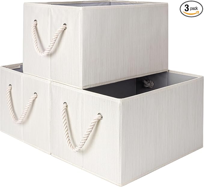 StorageWorks Fabric Storage Bins with Rope Handles, Beige, Extra Large | Collapsible Closet Storage Bins, Closet Organizer Bins for Clothes, Fabric Shelf Baskets and Storage