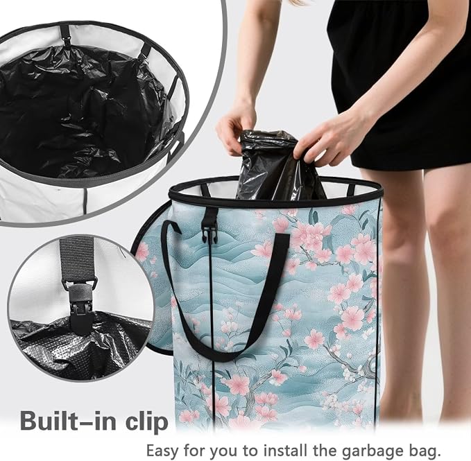 Cherry Blossom 24 Gal Collapsible Trash Can w/Lid Waterproof Foldable Garbage Bin for Camping, Backyard & Hiking | Heavy Duty Pop-Up Design (23x18in) Car Camping Gear
