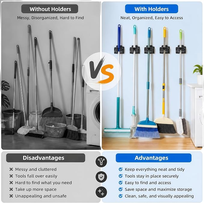 12 Pack Broom Holder Wall Mount, Tool Storage Mop Organizer, Shovel Rack Hooks For Garage Laundry Kitchen Garden Shovel Cleaning Supplies