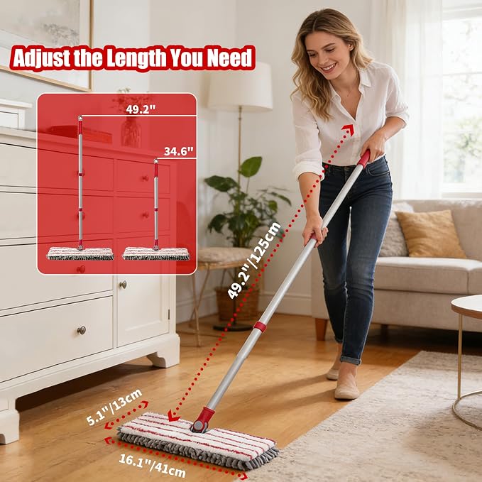 Microfiber Flat Mop 360° Rotating for Floor Cleaning, Wet Dry Dust Mop with 2 Washable Chenille Pads, Coated Iron Pole, Hardwood Floor Wall Baseboard Cleaner, Quick Shine Floors Finish