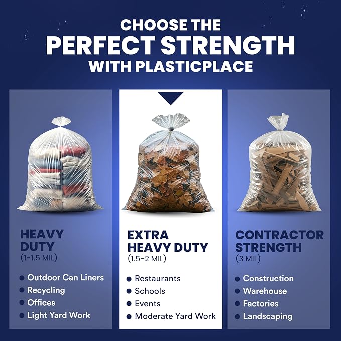 Plasticplace 55-60 gallon Trash Bags │ 1.5 Mil │ Clear Heavy Duty Garbage Can Liners │Rolls │ 38” x 58” (100Count)