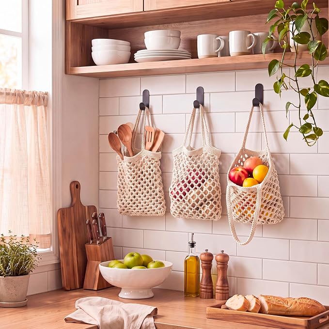 3 Hanging Baskets,White,Mesh,Cotton Rope | Wicker Wall Baskets with Hooks for Fruit Vegetable Onion Storage, Teardrop Organizer for Kitchen, Boho Farmhouse Decor