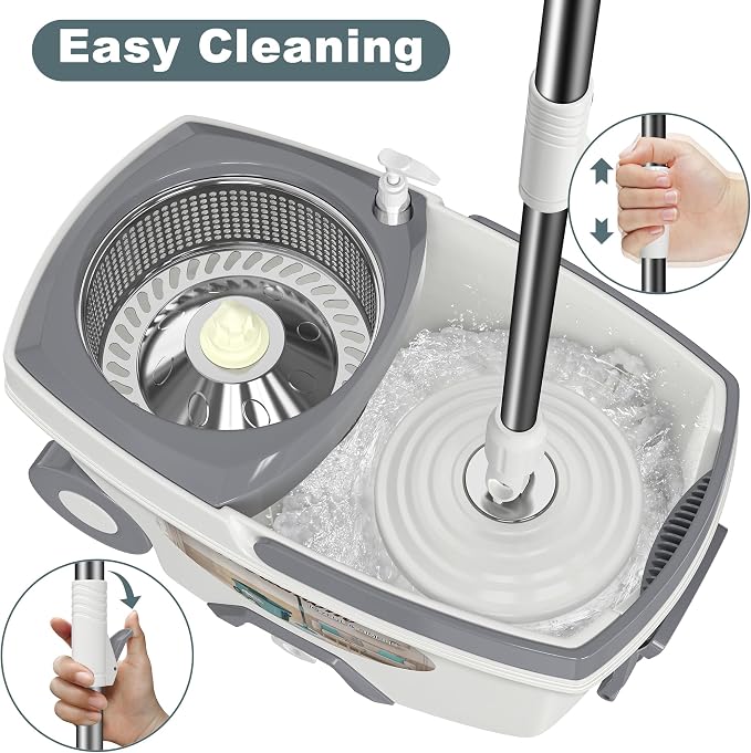 Traditional Large Spin Mop and Bucket, 2 Gal Capacity, White | 2 Rolling Wheels, Pull Handle, 61-Inch Handle, 6 Mop Heads, Easy Wringing, For Family Homes, Hardwood, Laminate & Tile Floors