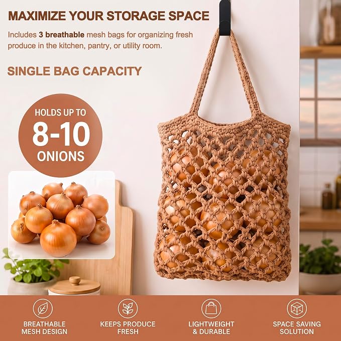 3 Hanging Baskets,Dark Brown,Mesh,Cotton Rope | Wicker Wall Baskets with Hooks for Fruit Vegetable Onion Storage, Teardrop Organizer for Kitchen, Boho Farmhouse Decor