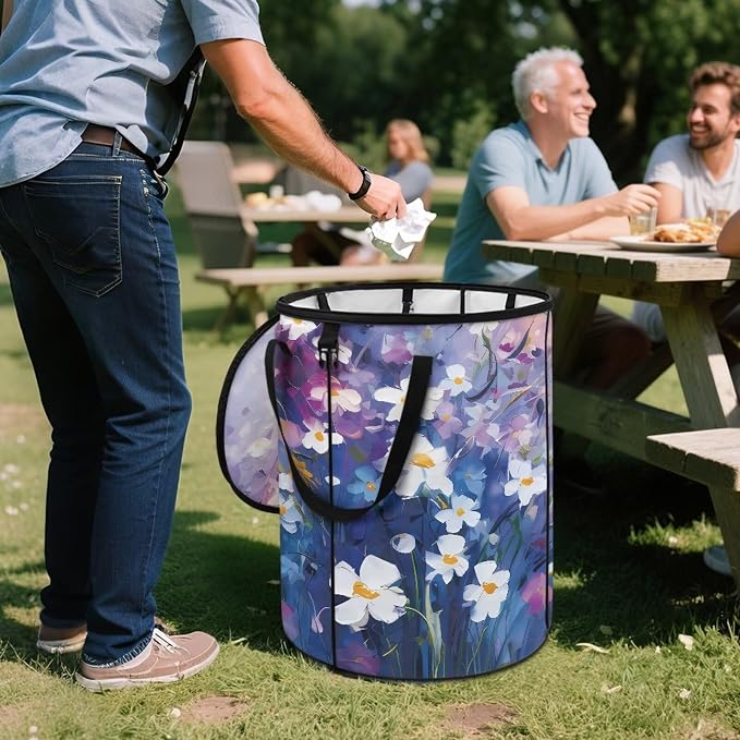 Watercolor Daisy Collapsible Trash Can 24 Gallon Waterproof Pop-Up Bin with Zipper Lid Reusable Heavy-Duty Outdoor Garbage Can for Patio Backyard Folds Flat Camping Essentials