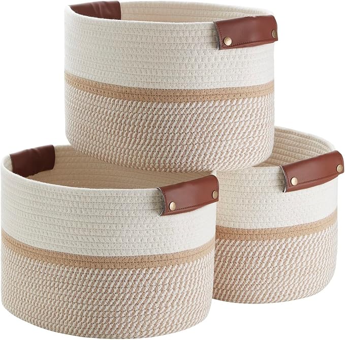 3 Pack Woven Cotton Rope Storage Basket, 15x10x9, White/Brown | Faux Leather Handles; Decorative Closet Shelf Organizer; Ideal for Storage & Organization
