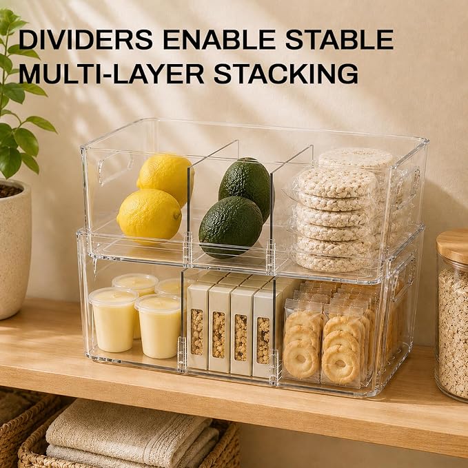 Mpotmiy 8-Pack Pantry Organizers and Storage, Clear Fridge Organizer Bins | Clear stackable plastic bins with removable dividers for packets, snacks, pouches and spices in pantry, fridge or freezer.