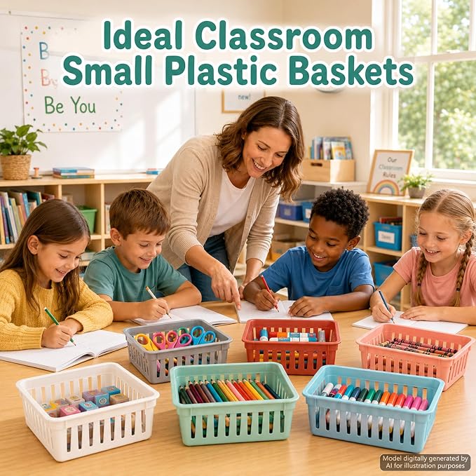 gisgfim 12 Pack Classroom Small Plastic Baskets for Organizing Mini Pencil Crayon Storage Bins Classroom Container Boxes for School Teacher Supplies Home Office Desk 6.1" L X 4.7" W X 2.4" H (Boho)
