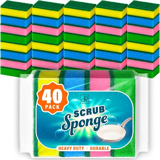 DecorRack 40 Kitchen Scrub Sponges, Heavy Duty Bulk Pack, Multicolor