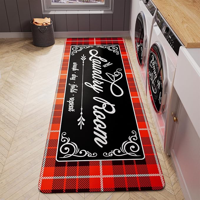 Non-Slip Laundry Room Rug Runner for Christmas Decor 17.3"x47.2" Washable - Bathroom Mudroom Kitchen Mat for Farmhouse Entryway Christmas Decor Christmas Red Buffalo Plaid