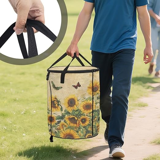 Sunflower Outdoor Trashcan Collapsible Pop up Trash Can with Handles and Lid Flodable Easy to Store Car Camping Supplies 24 Gallon Reusable Container for Yard Garden Waste