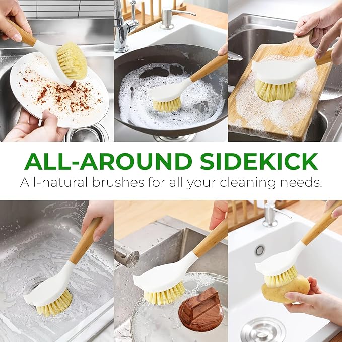Wooden Dish Brush Set of 2 - Dish Brush with Handle Made of Wood & Sisal Bristles, Non Scratch Kitchen Scrub Brush for Dishes, Pots & Pans, Dish Scrubber with Plastic Free Bristles