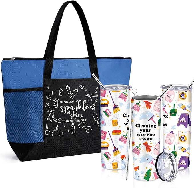 Sieral Housekeeping EVS Week Appreciation Gift, Housekeeper, Royal Blue | Insulated Tumbler 20oz & Large Tote Bag Set for Women Custodian School Healthcare Cleaning Crew House Cleaner Maid Janitor