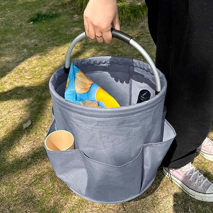 17L Collapsible Storage Bucket with Handle, Multi-Pocket Foldable Portable Picnic Caddy Outdoor Camping Organizer Tote for Housekeeping Car Wash Gardening Hiking Fishing, Dark Gray