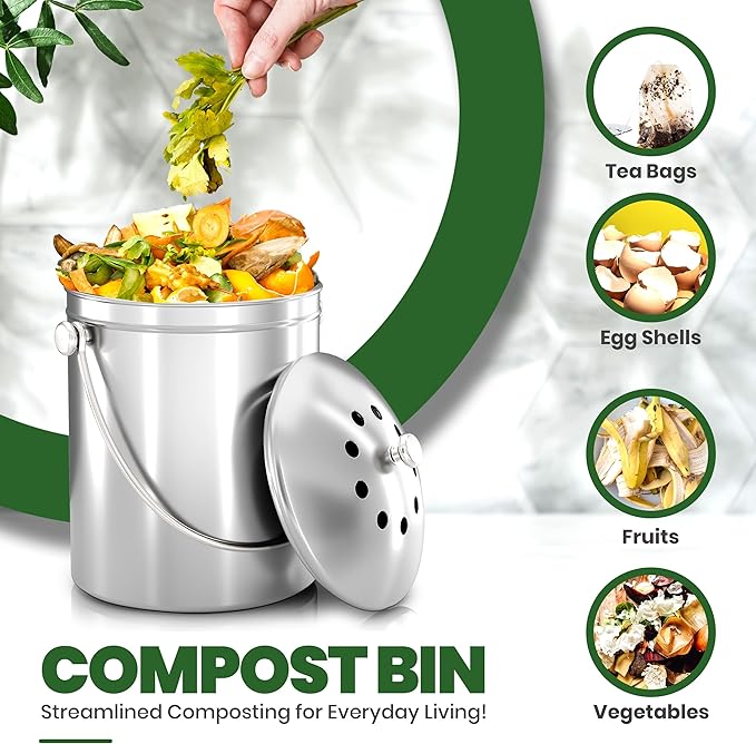 Utopia Kitchen Countertop Compost Bin 1 Gallon, Stainless Steel, Silver | Odorless countertop compost bin with charcoal filter, ideal for food scraps and waste