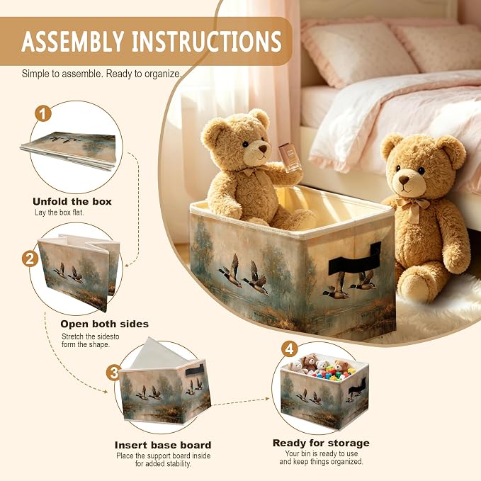 Vintage Flying Mallard Duck Storage Bins Box, Country Landscape Duck Foldable Storage Basket with Handles for Farmhouse Cabin Bedroom Bathroom Home Clothes Books Organizer