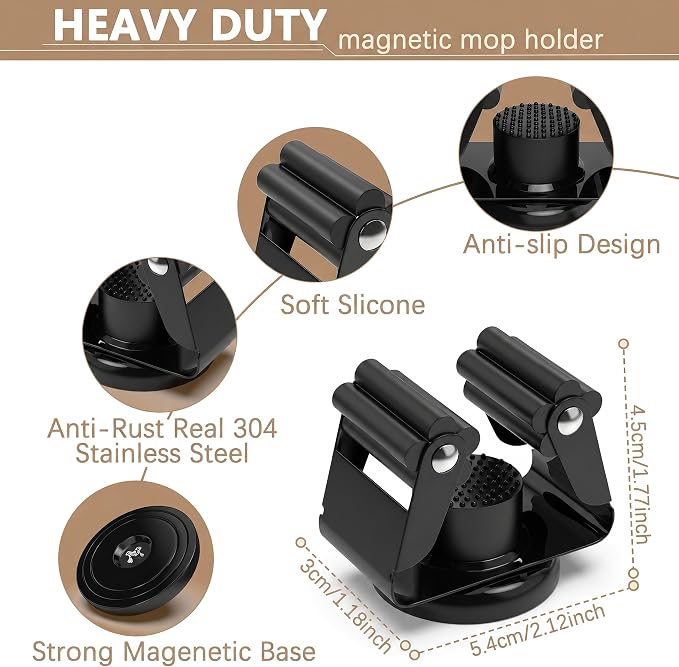 3-H 2 Pack Magnetic Broom Holder with 2 Pack Mini Magnetic Hooks,Black | Stainless Steel No Drill Mop Holder, Movable Magnet Tool Organizer for Garage Laundry Kitchen Garden RV