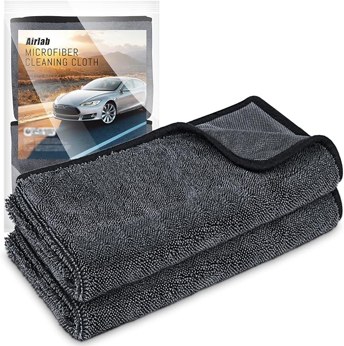 Airlab Microfiber Towels Cars Wash Drying Cleaning Cloth, Black-Grey | Thick Plush Auto Detailing Super Absorbent for Interior & Exterior Lint Free, Streak Free, 24 x 16 Inch, Pack of 2