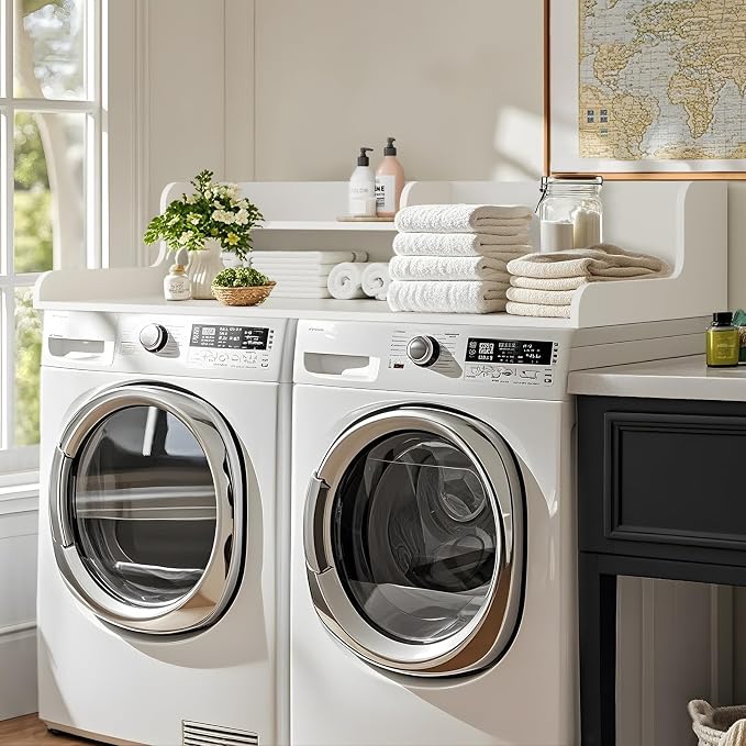 Washer Dryer Countertop 2 Tier 54 inches Wide, Laundry Shelf Topper with Edge, 54" W x 28" D x 12" H Laundry Space Organizer, White