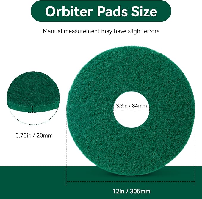 12 Inch Cleaning Orbiter Pads 437.056 for Oreck 550MC Orbiter Floor Machine | Commercial Green Scrubbing Pad, Orbital Buffer Pats for Tile, Hardwood, Marble Floors