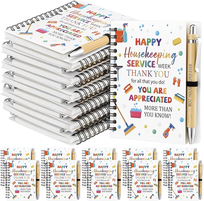 Resurhang 12 Sets Housekeeping Week Appreciation Gifts Bulk Spiral Notebook and Housekeeper Thank You Bamboo Pens with Sticky Tags for Staff House Cleaner Custodian Staff Employees
