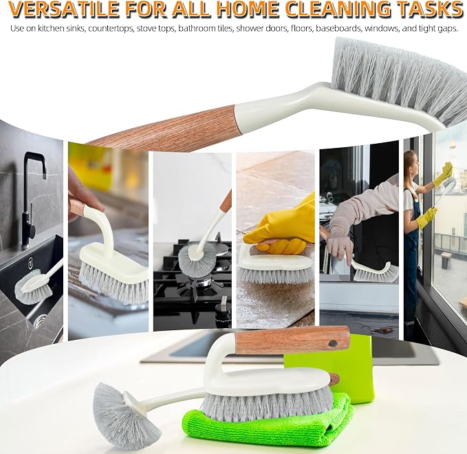 5-Pack Heavy Duty Scrub Brushes Set with Wooden Handles | Multi-Surface Scrubber for Kitchen,Bathroom,Tile & Grout,Includes Spherical,Triangle,Square & Dish Brush for Stubborn Stains